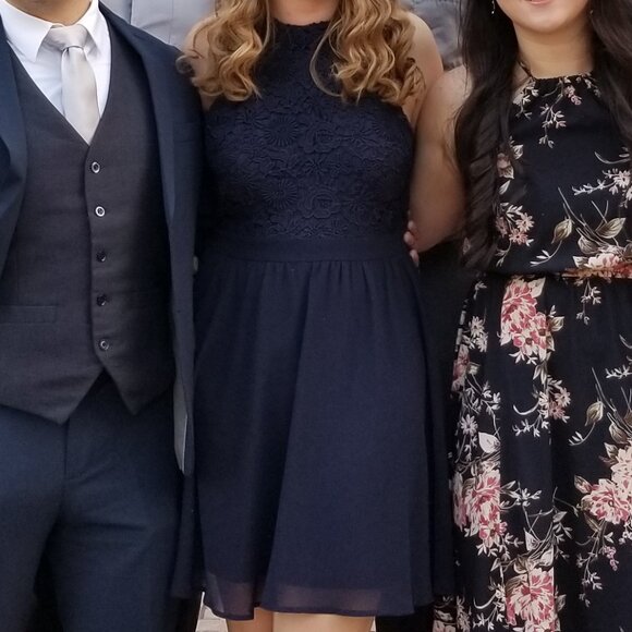 Lulus Lover's Game Navy Blue Lace Skater Dress - Size L - Picture 2 of 2